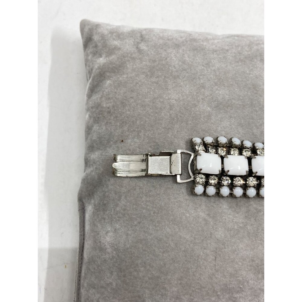 Vintage Milk Glass Rhinestone Bracelet With Silver-Tone Metal & Secure Clasp - Picture 3 of 7